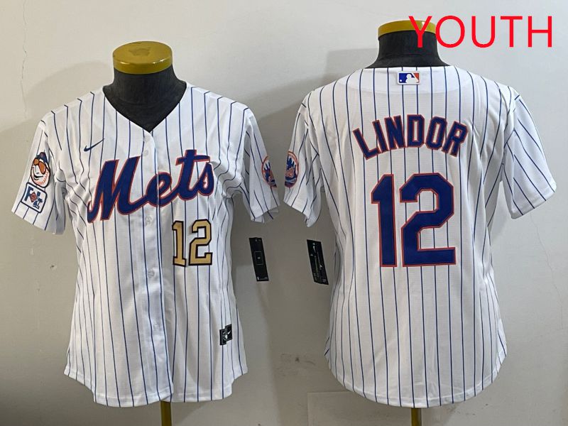Youth New York Mets #12 Lindor White Stirpe Game Fashion 2025 Nike MLB Jersey style 3->youth mlb jersey->Youth Jersey